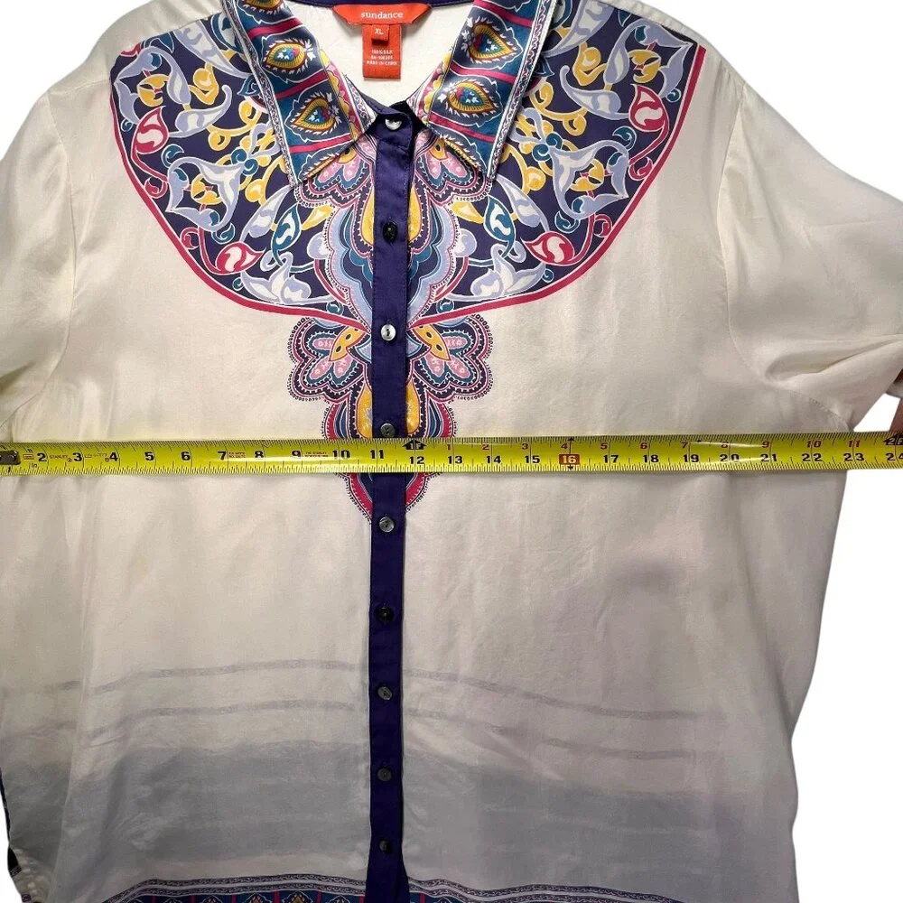 Sundance XL 100% Silk Button Up Blouse Ivory Whimsical Paisley Semi Sheer Collar - Picture 10 of 10